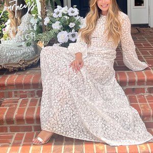 Long Sleeve Lace White Bridal Rehearsal Shower Maxi Dress Gown Size Large 8/10